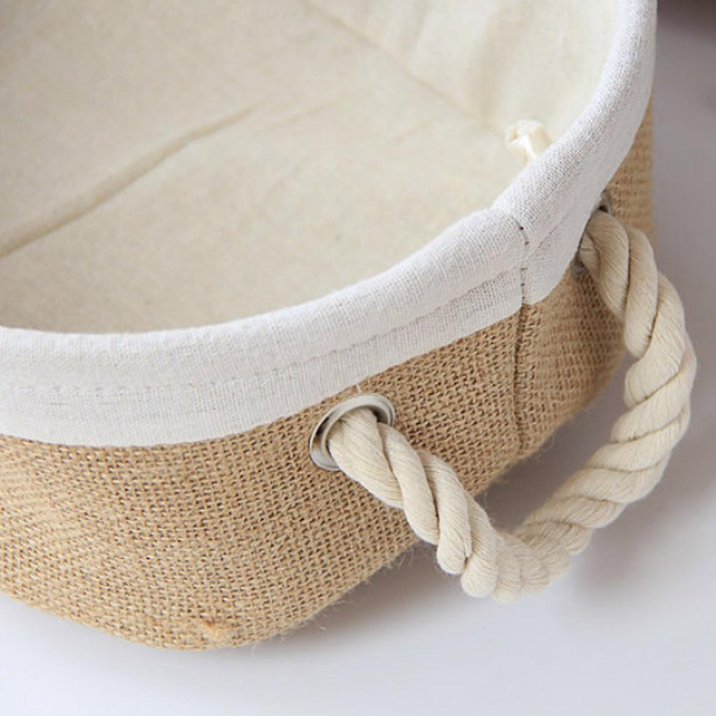 Desktop Storage Basket Jute White Cotton Lining Sundries Snack Basket with Handles for Home Office Hotel Oval