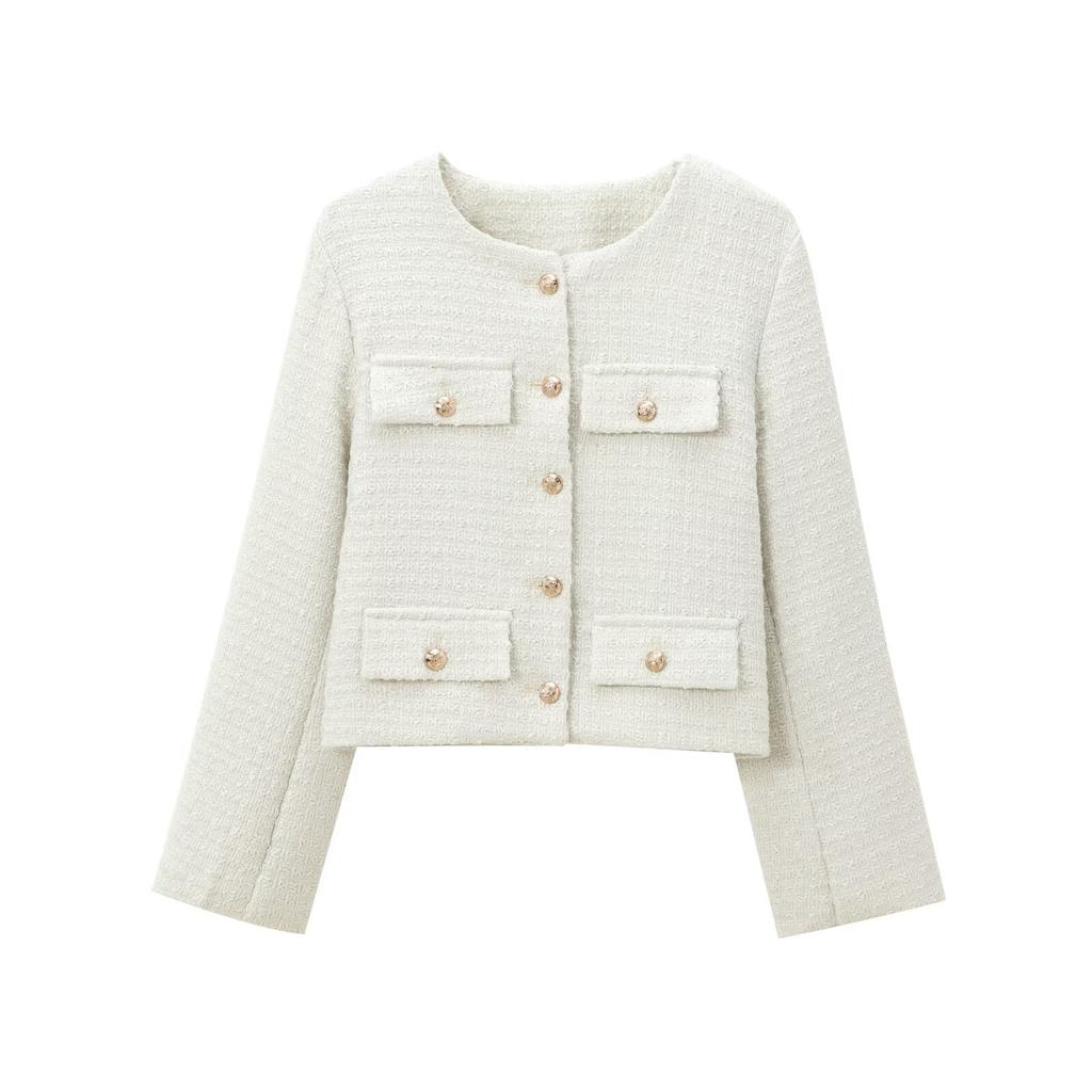 European and American style, new women's clothing, foreign style round neck long-sleeved thousand gold small fragrant jacket 1231352