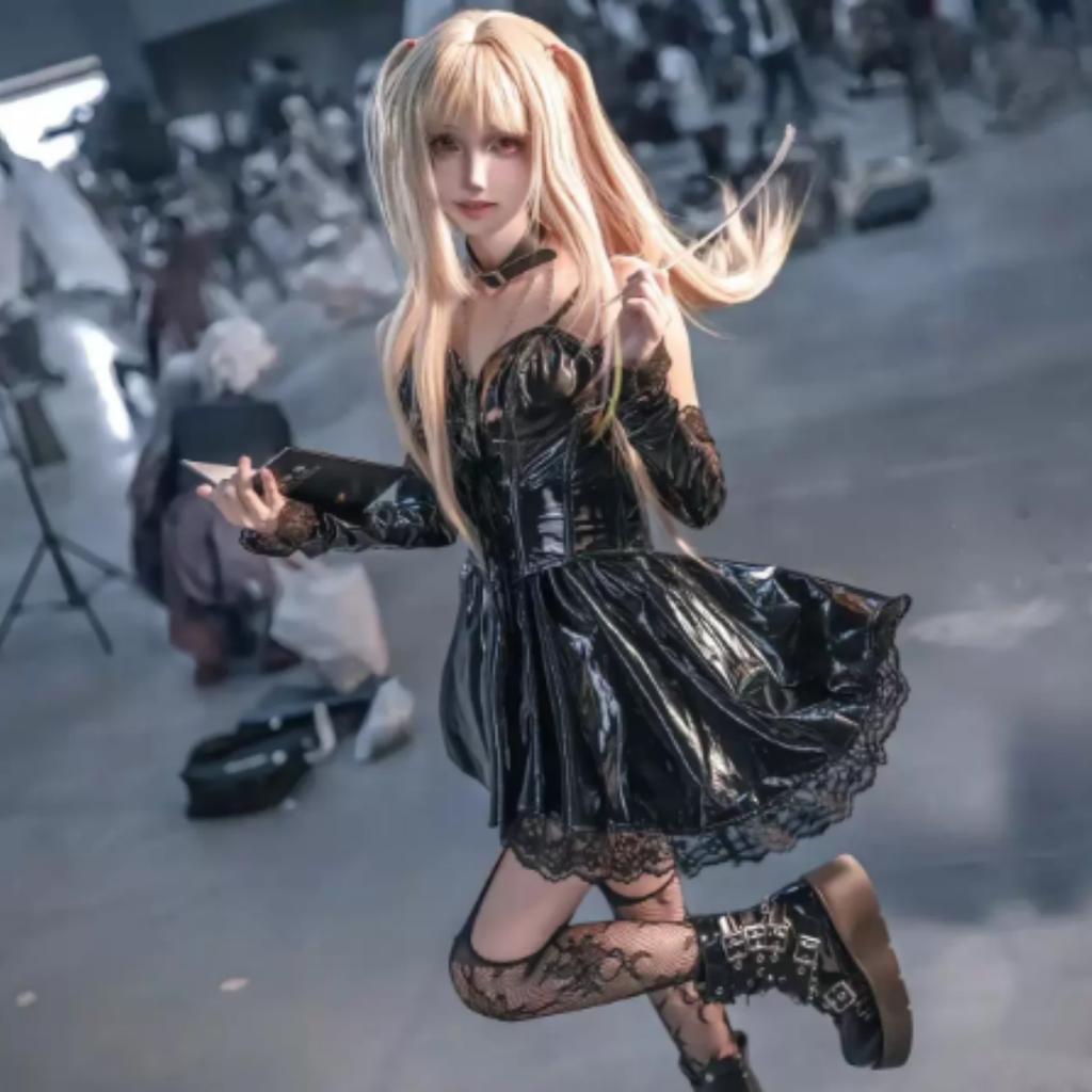 Death Note Cosplay Costume Misa Amane Imitation Leather Sexy Dress  Neck Jewelry Stockings Necklace Uniform Outfit Halloween Wig