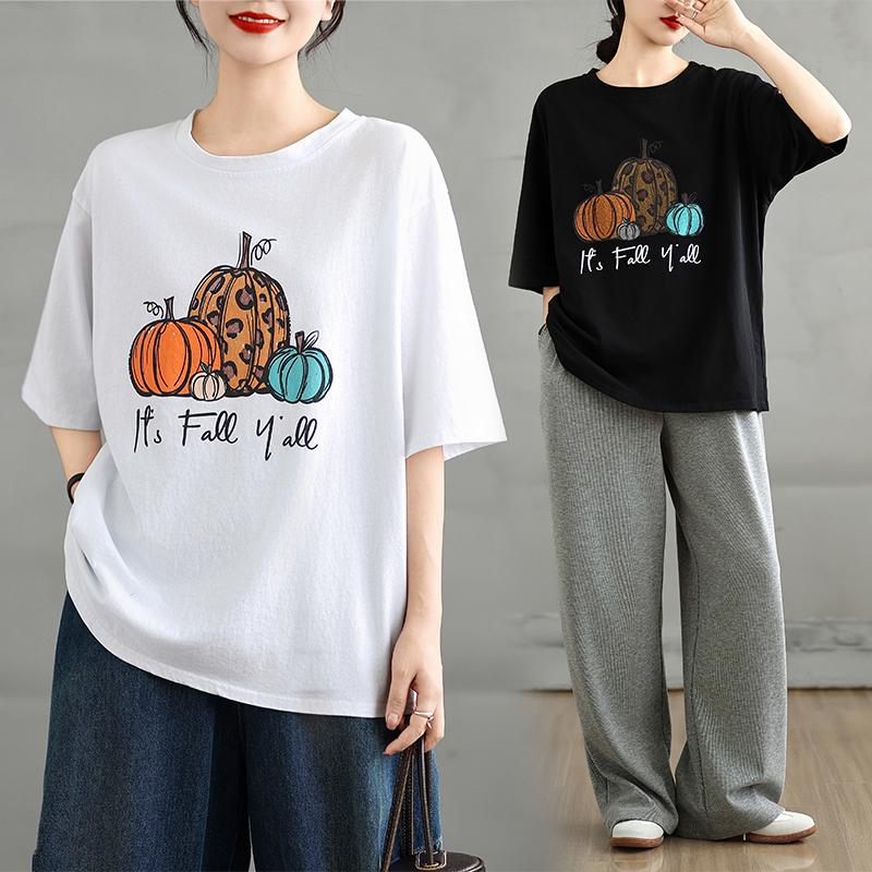 DIMANAF 2025 Women New Summer Loose Plus Size Printing T-Shirt Short Sleeves Cotton Vintage Tops Tees Maxi