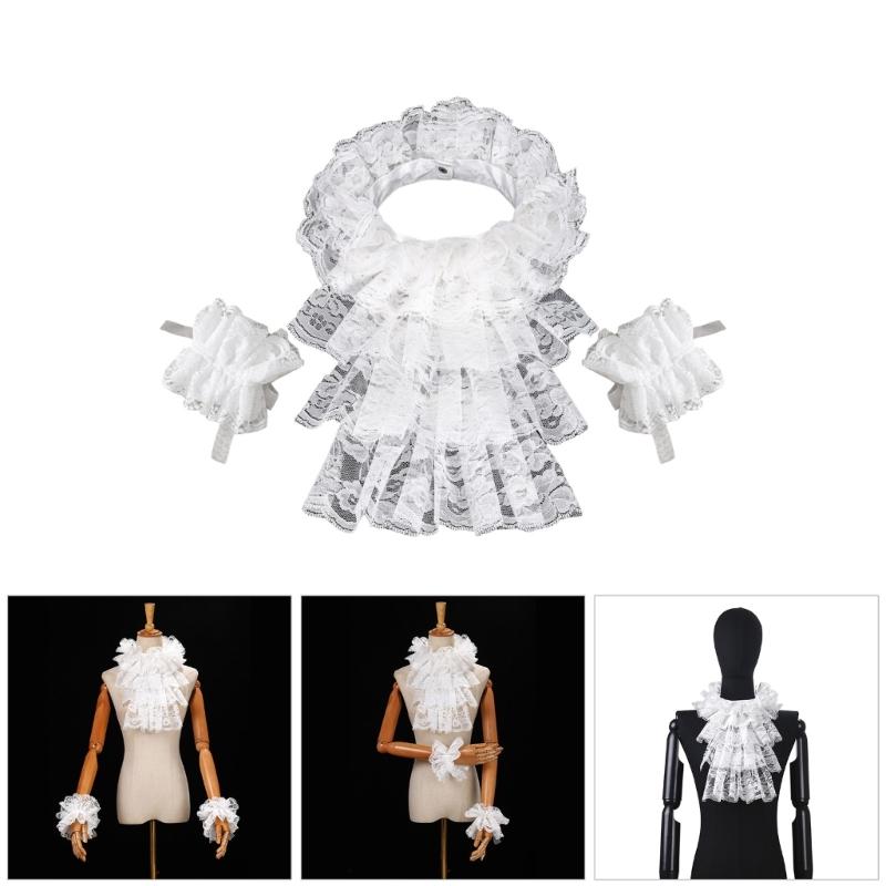 Halloween Retro Victorian Lace Jabot Collar and Cuffs Set Colonial Lace Collar Detachable Faux Sleeve Costume Accessory