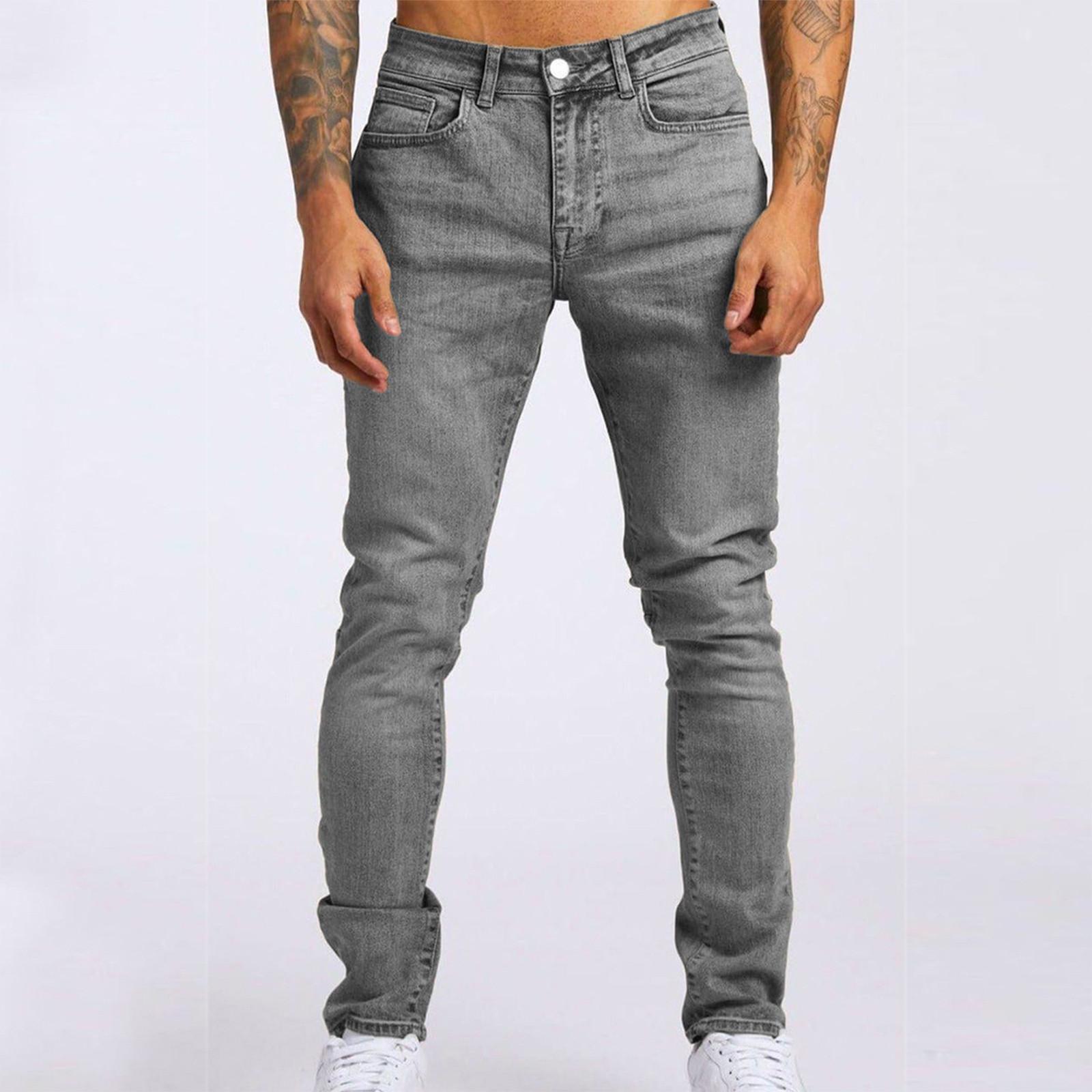 Fashion Men s Casual Stretchy Pleated Jeans Slim Fit Denim Pants M