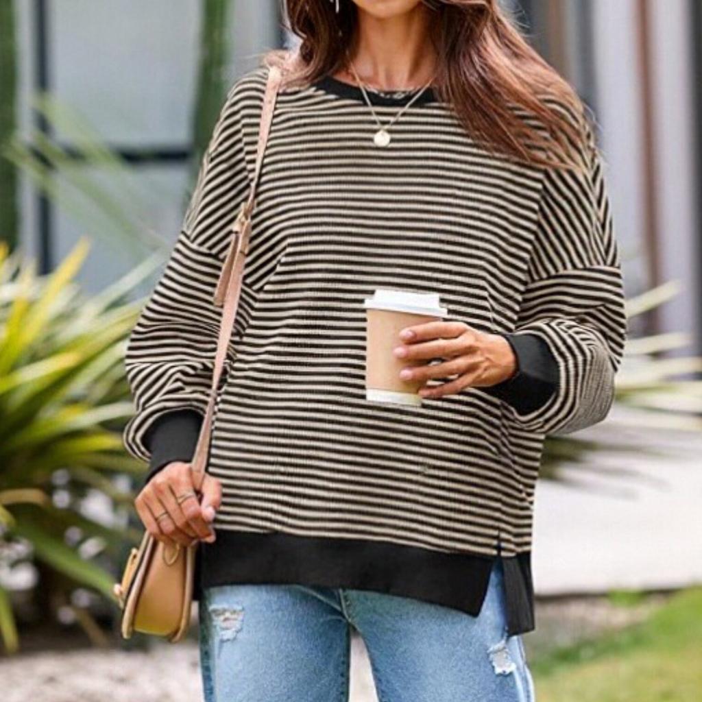 Women's Loose And Fashionable Long Sleeved Round Neck Slit Pullover Hoodie