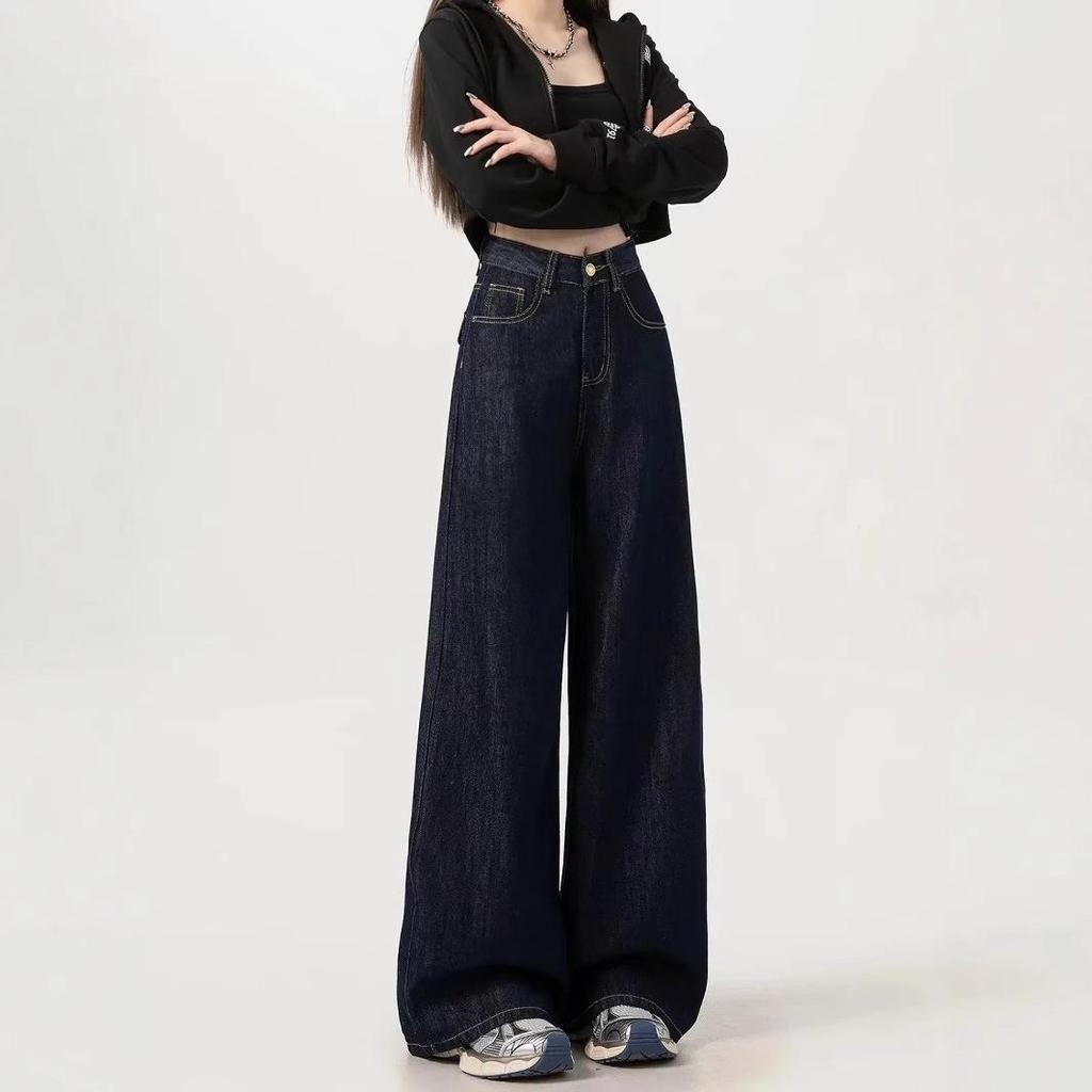 Dámské tmavě modré džíny s vysokým pasem, širokými nohavicemi a mop efektem - Americký styl, zeštíhlující, jarní/podzimní móda 2025