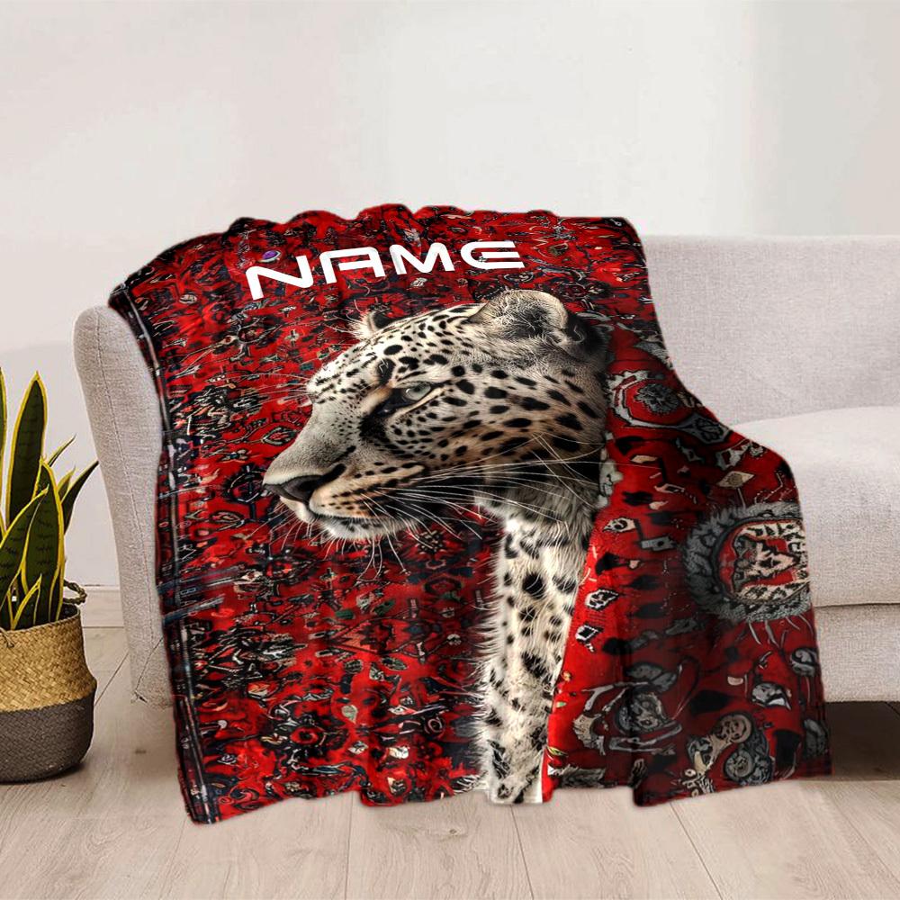 Home Customize Your Name Blankets Leopard On Red Carpet Pattern Comfortable Soft Lightweight Allseason Multipurpose Blanket For Picnics Sofas Offices