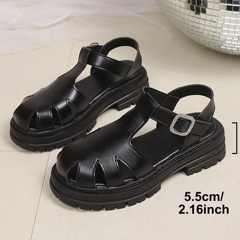 Fashion Black Pu Leather Thick Bottom Rome Sandals Women Summer Closed Toe Platform Sandles Woman Fashion Non Slip Beach Sandalias Mujer