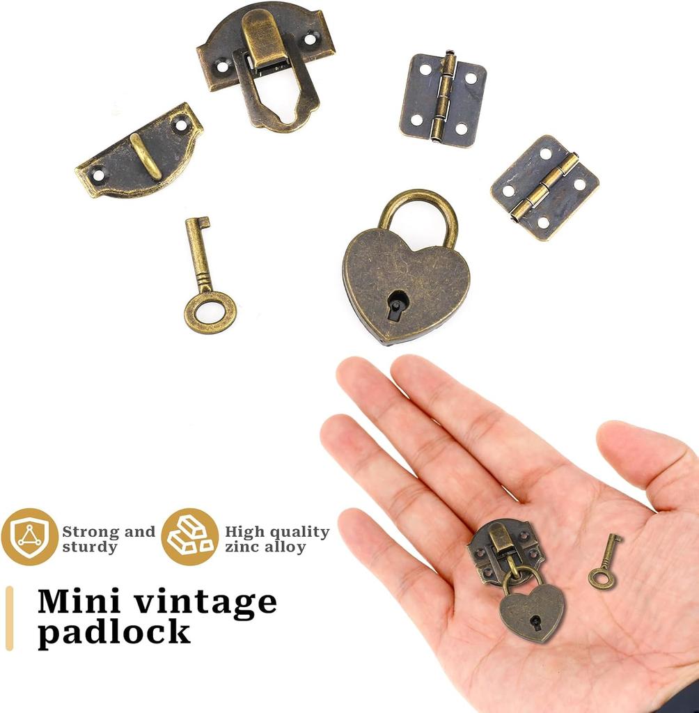 2er-Set Antik-Bronze Riegelverschluss 27 x 30 mm Riegelverschluss Mini-Boxscharniere und Liebesschlösser mit Schlüsseln Dekorative Schloss schnalle mit Schrauben für Schmuck Woo