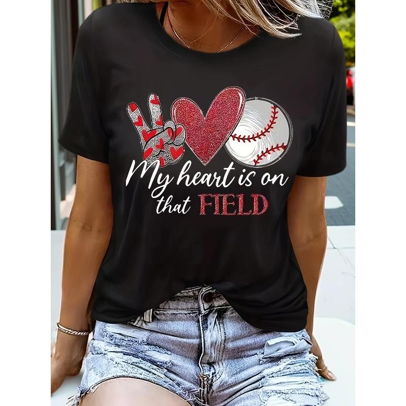 Womens My Heart Is on the Court Print T Shirt Crew Neck Short Sleeve Casual Top