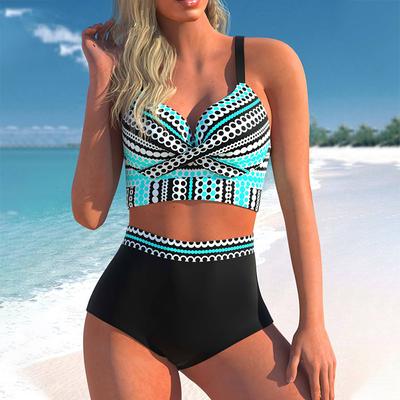 Costum de baie de mărime mare pentru femei, costum de baie sexy cu talie înaltă, îmbrăcăminte de plajă în două piese, set bikini imprimat costum de baie
