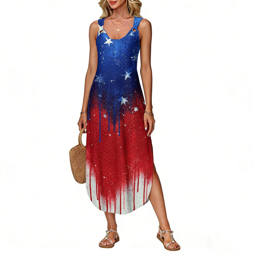 Women's Summer Long Dress Sleeveless Side Slit Long Independence Day Print Vacator Dress