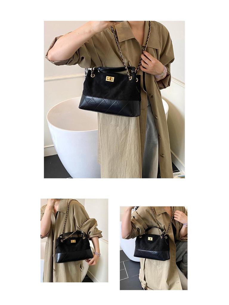 Brown Korean Style Quilted Suede Tote Bag with Adjustable Chain Strap