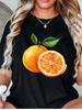 Fresh Orange Fruit Watercolor Summer Botanical Art Print Graphic Womens T Shirt Short Sleeve Crew Neck Casual Ladies Tee Tops