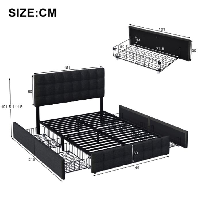 Lit double - MUVOE - 140x200 cm - Noir - 4 tiroirs - Matelas à ressorts non inclus