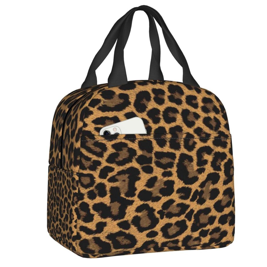 Benutzerdefinierte Leopardenmuster Tragbare Lunchboxen Damen Auslaufsicher Tierfellmuster Kühlbox Thermische Lebensmittelisolierte Lunchtasche Schüler