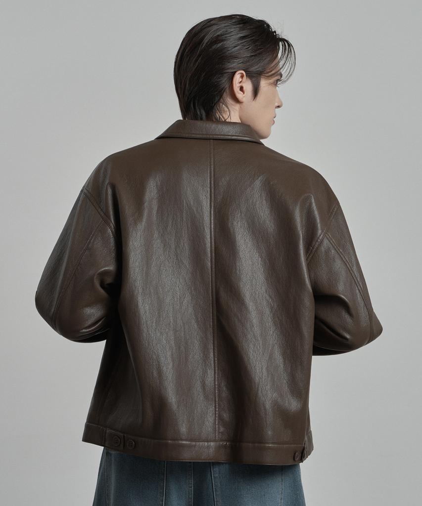 WORK ON BODY OFF Epure Regular Fit Button Leather Jacket [Brown]