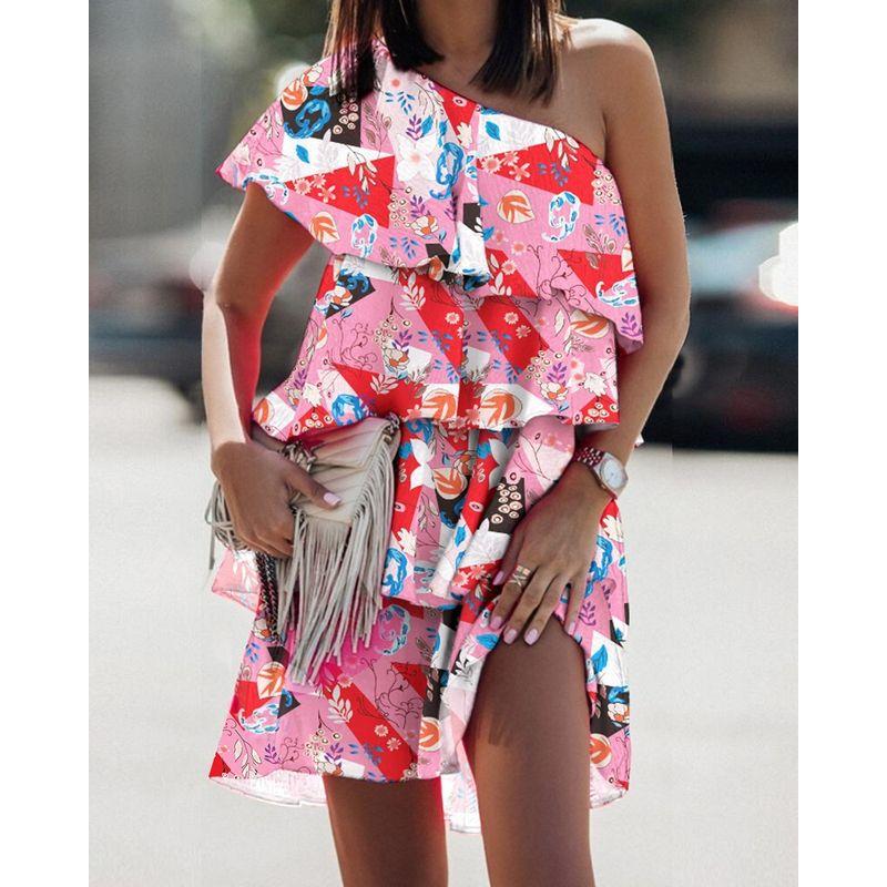 Slimming Sloping Shoulder Frill Casual Print One piece Dress Women clothing Shoulder Fashion Vacation Short dress