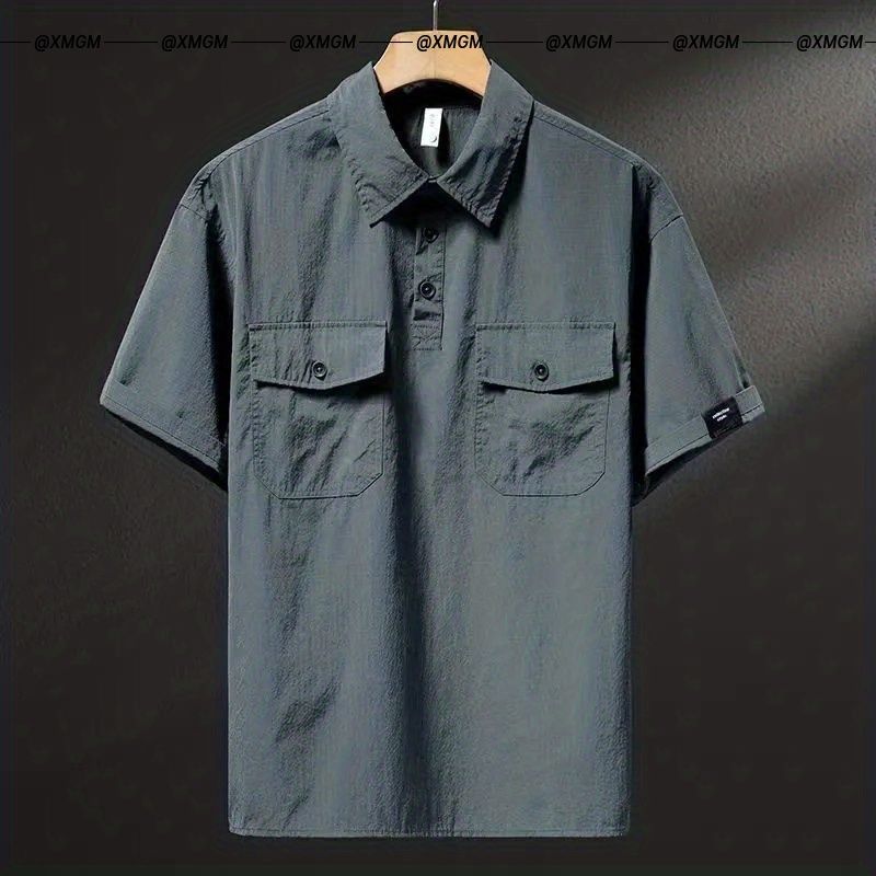 Summer Ice Silk American High-end Workwear Short-sleeved Shirt Men's Gray British Trendy Retro Loose T-shirt Polo Shirt