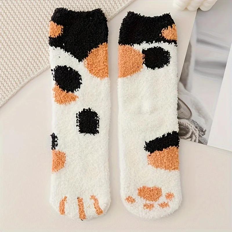 6 Pairs of Unisex Knee Length Cartoon Cat Paw Socks, Thick Sleeping Floor Socks, Comfortable for Daily Wear