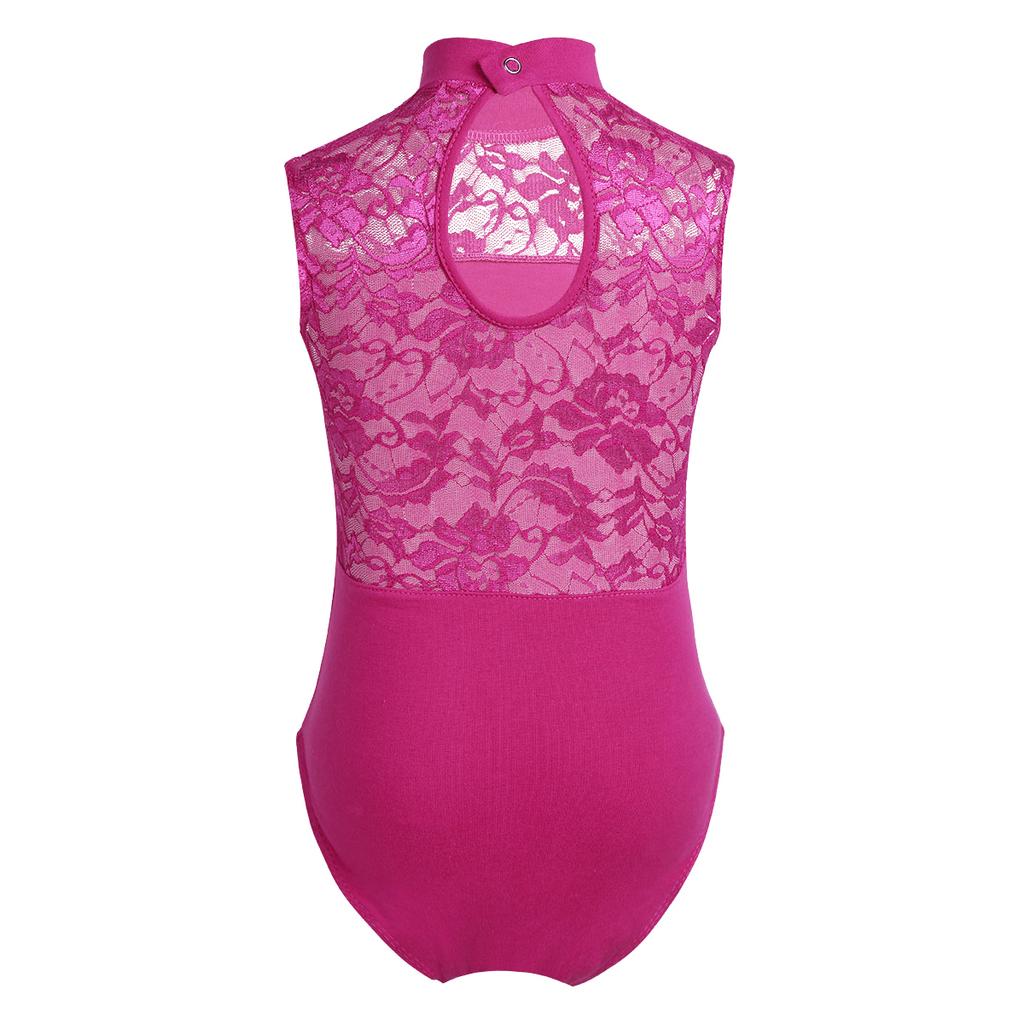 Kids Girls Ballet Dance Gymnastics Leotard Lace Turtle Neck Lace Back Sleeveless
