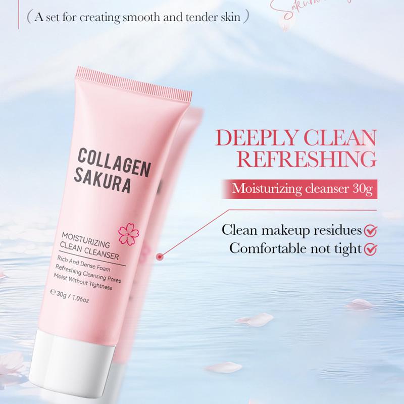 6-Piece Sakura Collagen Hydrating Travel Set - Cleanser, Toner, Lotion, Serum, Cream, Eye Cream for Smooth & Plump Skin