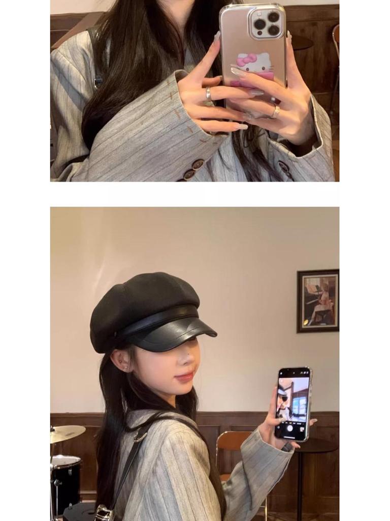 Novo Boina Octogonal Feminina 2025 – Preto, Ajuste para Cabeça Grande, Tendência Artística Outono/Inverno, Estilo Pintor de Rosto Pequeno