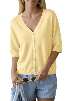 Womens Lightweight Knit Cardigan V Neck Button Down Half Sleeve Sweater Top