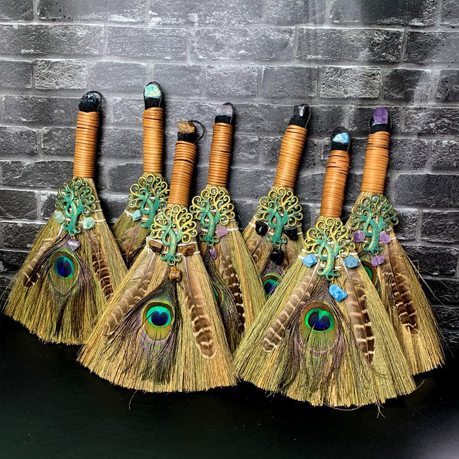 Big Broom Natural Amethyst Life Tree Halloween Peacock Feather Eye Altar Ornament  Witch Mini Broom Home Decoration Handicrafts