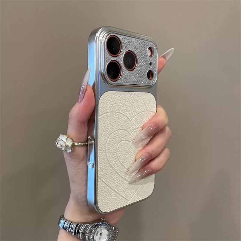 Rhinestone Heart Leather Texture Drop-Proof Phone Case for iPhone 15Pro, 16Pro, 17Pro
