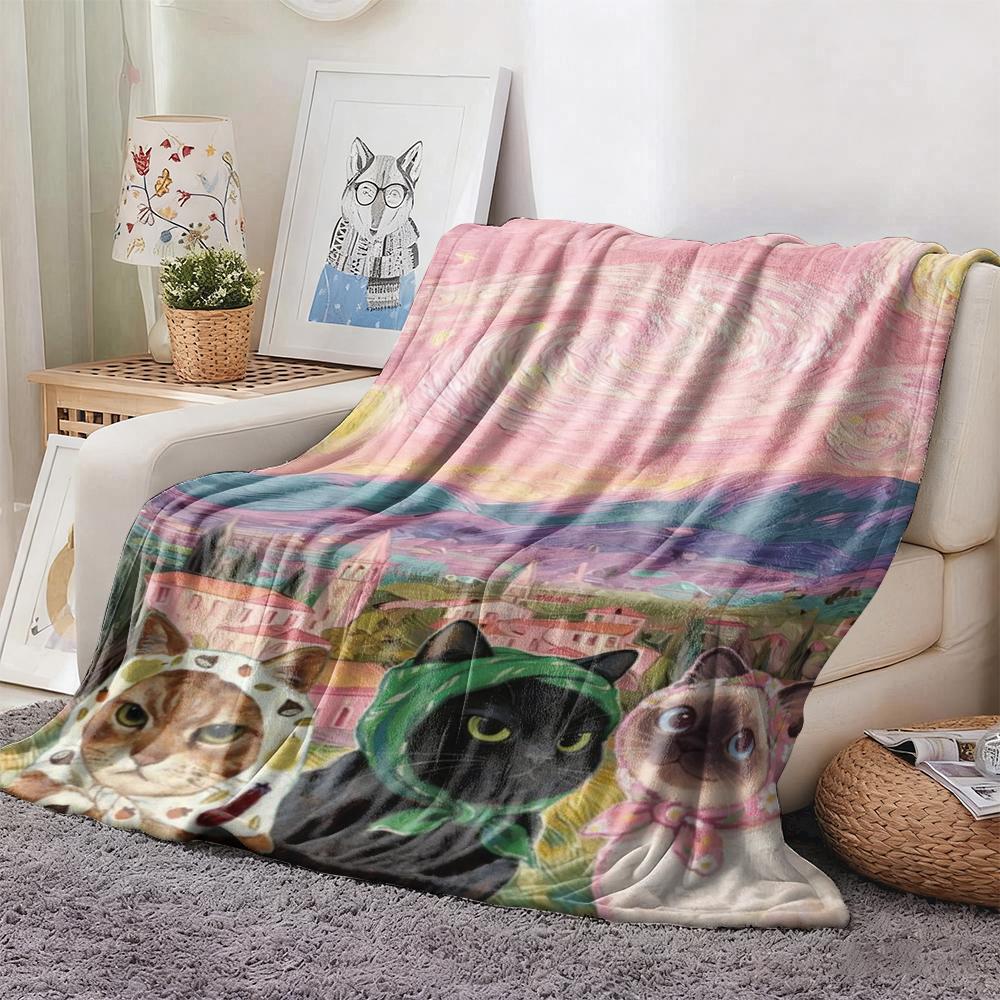 Vintage Van Gogh Style Cat Flannel printed blanket suitable for all seasons suitable for living room office sofa and travel
