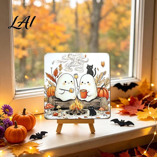 Wooden Ghost Figurine for Shelf Halloween Wood Tabletop Sign with Mini Easel Cute Pumpkin Decorative Signs Autumn Plaque Rustic Ornament Home Decor