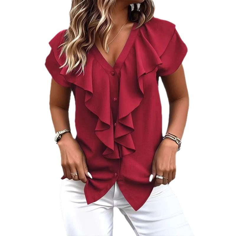 Women's V Neck Ruffle Short Sleeve Chiffon Blouse Solid Color Loose Summer Office Top