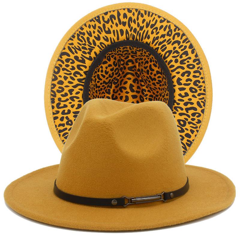 Fashion leopard print belt flat brim top hat autumn and winter British men and women double-sided color matching ethnic style jazz hat Wish