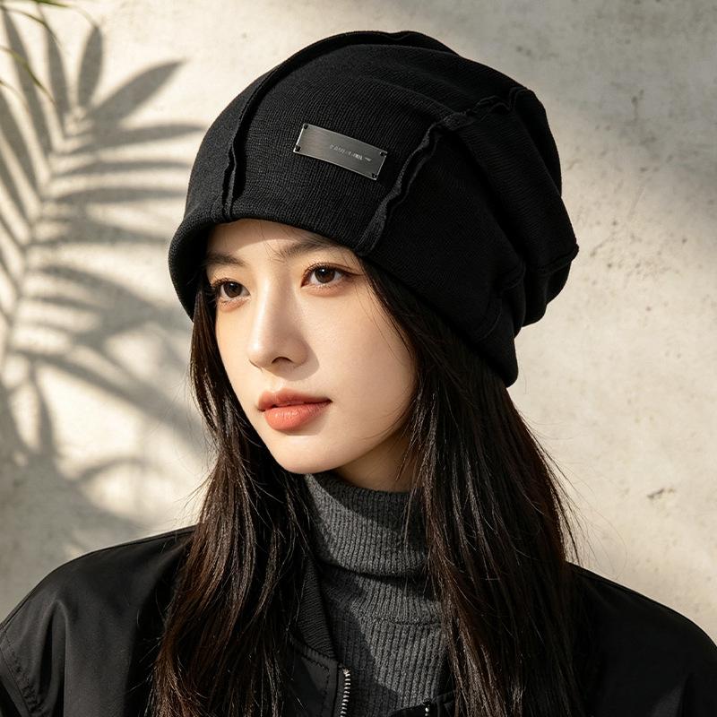 Street niche ins show face small plain pile hat spring and autumn versatile temperament fashion bag head knitted cold hat