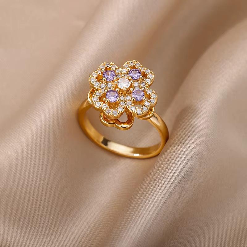 Fashionable Flower Ring, Copper Inlaid with Zircon and Full Diamond Ring, Ladies' Temperament Exquisite Jewelry