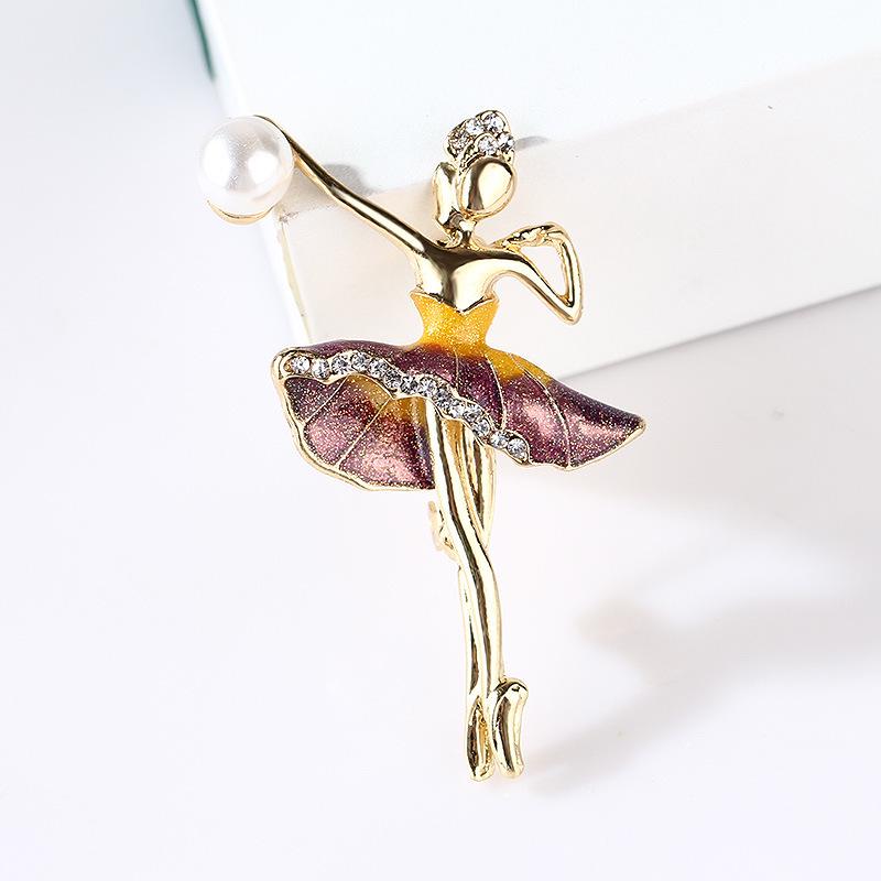 Dancing Ballerina Gold Alloy Brooch with Crystal Inlay