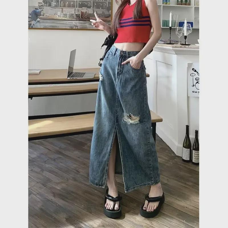 High-Waist Retro Ripped Denim A-Line Skirt for Women - Slimming, Hip-Wrapped, Mid-Length Summer Design
