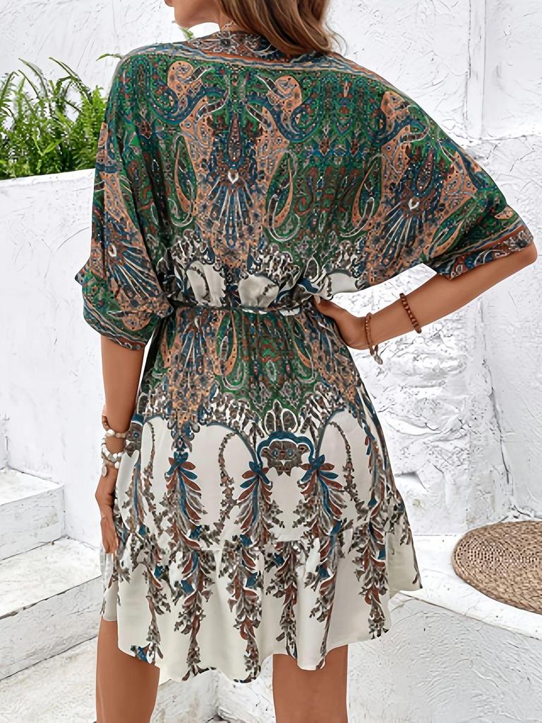 Retro Bohemian V-Neck Backless Batwing Sleeve Dress for Vacations (European & American Style, 2025)