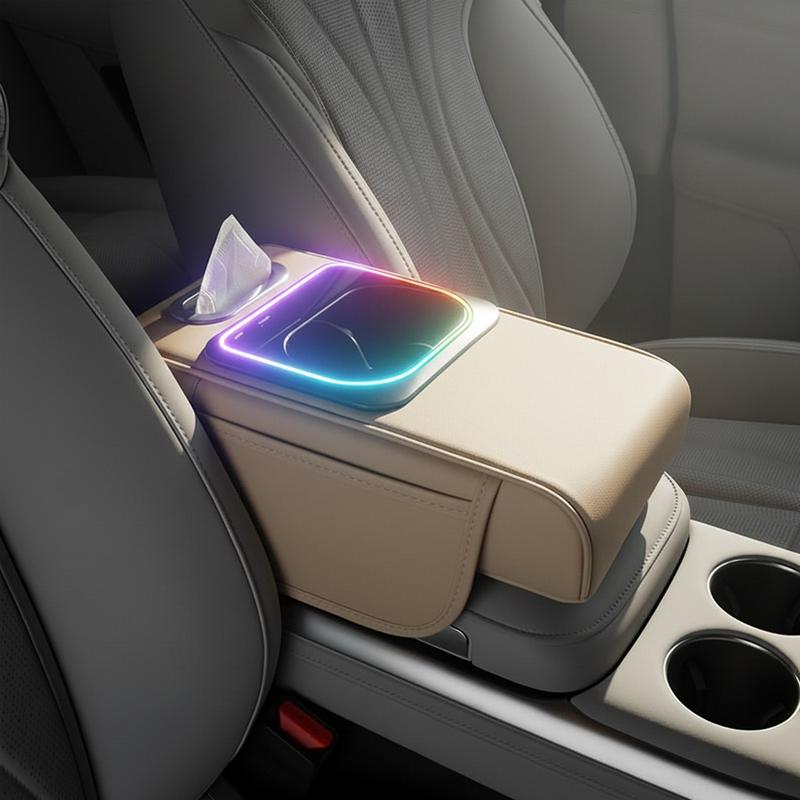 Multifunctional Car Armrest Cushion Center Console Pillow Seat Cover with Storage Organizers Cup Holder Tissue Box Phone Slot