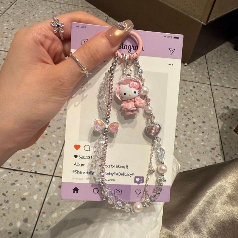Animation Design Hello Kitty Key Rings Beaded Pendant Phone Charms Kawaii Kuromi Key Ring Adorable Hellokitty Keyring Present For Girls
