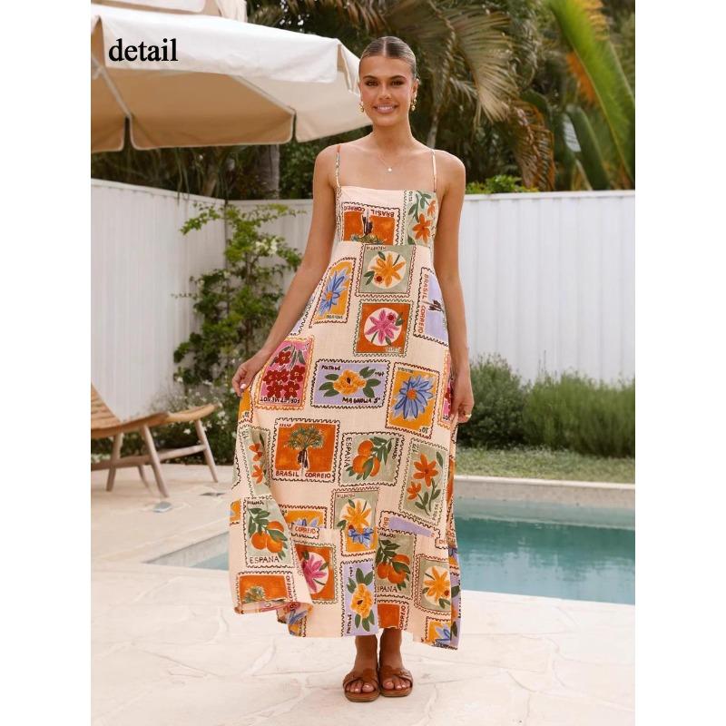 Damen Sommer Casual Boho Langes Sommerkleid Spaghettiträger Quadratischer Ausschnitt Ärmellos Fließendes Maxikleid A-Linie Strandkleid für Damen
