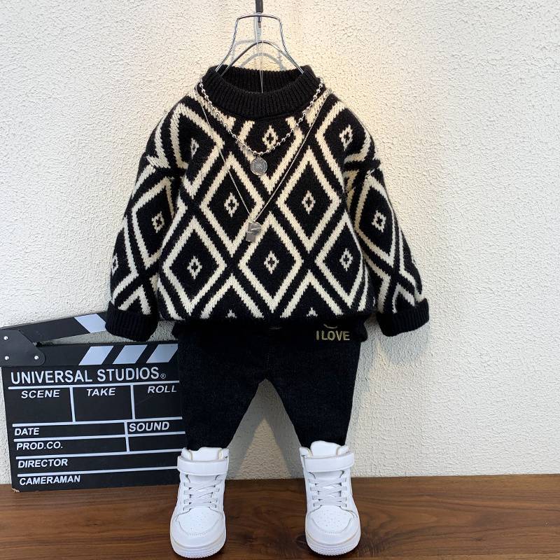 Boys' Plush Sweater Winter Baby's Knitted Sweater Jacket Spring and Autumn Base Top Children's Thick Woolen Sweater
