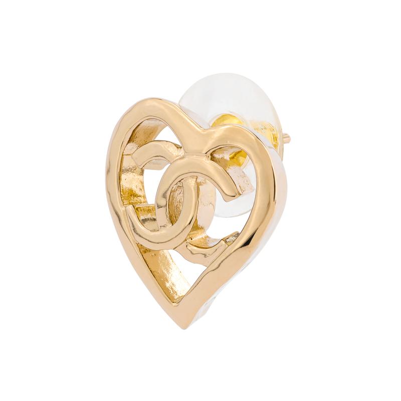 CHANEL Hollow Heart Double C Earrings Women's Gold