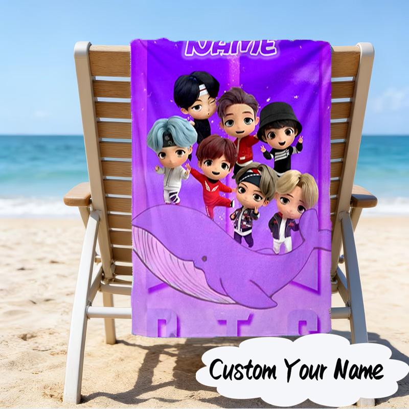Custom Name K-pop BTS Artwork Characters Microfiber Beach Towel Super Soft & Absorbent for Bath, Beach, Travel Bath Time Accessory, Fan gifts
