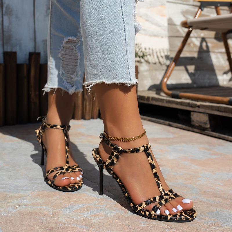 Fashion Women's Fashion Stiletto Sandals Summer New Round Toe Open Toe Leopard Strap Anti-slip Wear-resistant High Heels