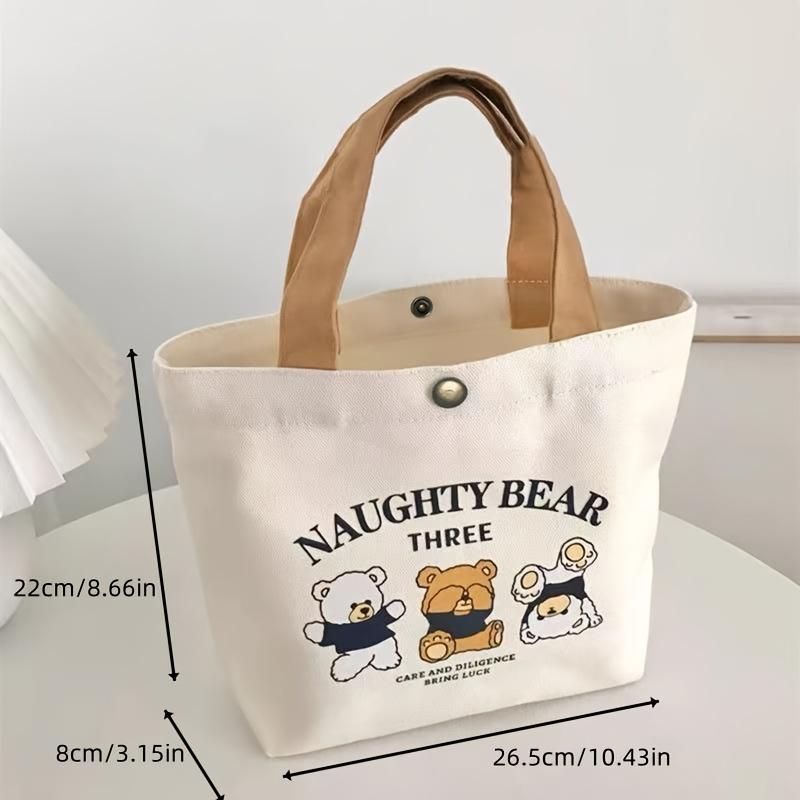 Canvas Tote Bag Mini Shoulder Bag with Cute Bear Buckle Closure, Casual Style, Tote Bag Durable Handle, Cute Tote Bag