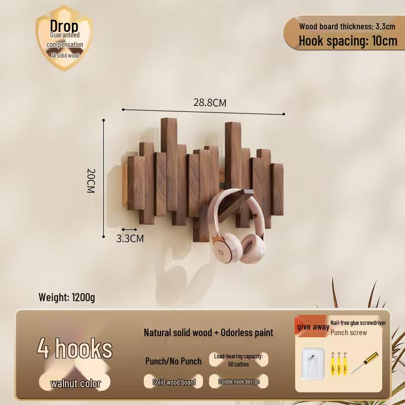 Solid Wood Coat Rack with Piano Key Hooks – Adhesive, No-Punch Design for Wall or Door