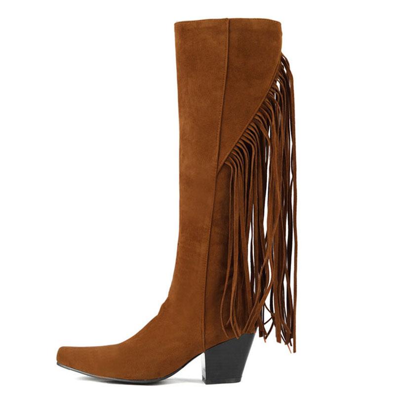 Fashion Fringed Tassels Knee High Boots Winter Women Suede Thick Heels Boots Square Toe Shoes for Women Botas Mujer WSH4710