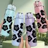 1PC Black White Flower Simple Print 750ml Color Plastic Sports Water Bottle Leakproof Flip Straw Lid Suitable for Sports Office Home Use