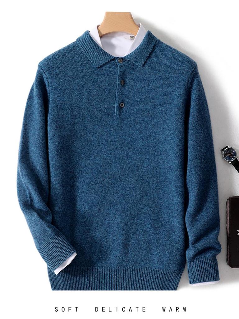 Men's 100% Pure Wool Polo Neck Sweater - Business Casual Autumn/Winter Knitwear