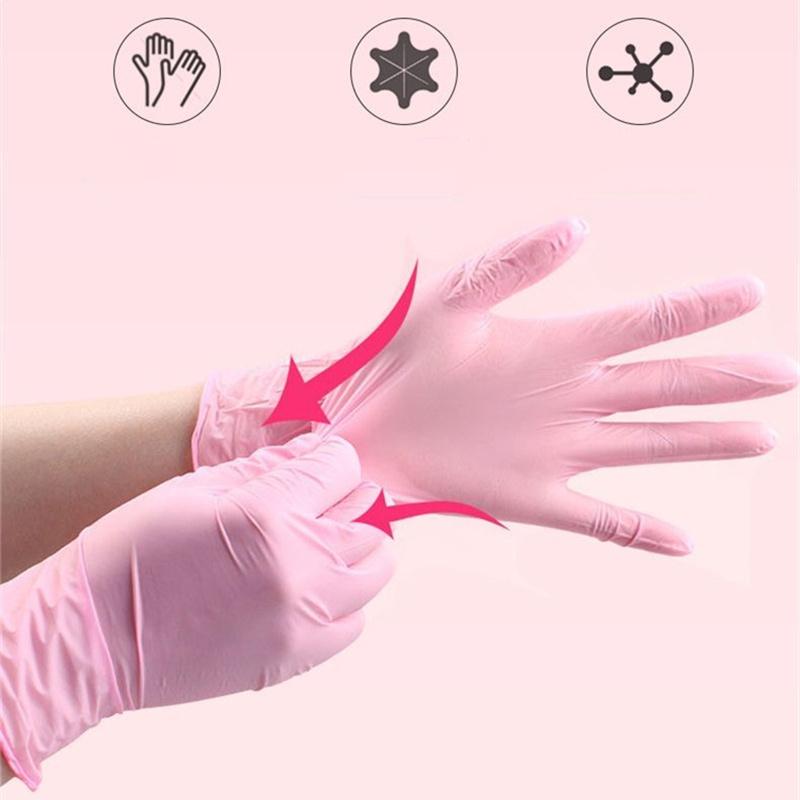 100PCS Pink Disposable Nitrile Gloves Latex Free Non Slip Waterproof Household Cleaning Dishwashing Cooking Salon Tatoo Gloves